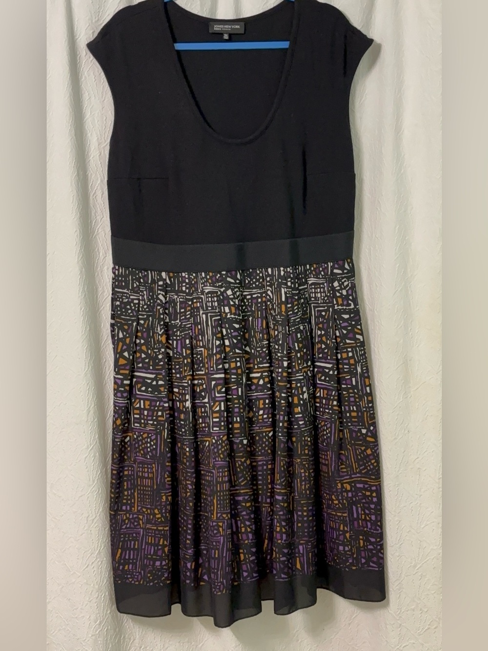 Jones New York Black Bodice with Purple & Gold Geometric Midi Dress